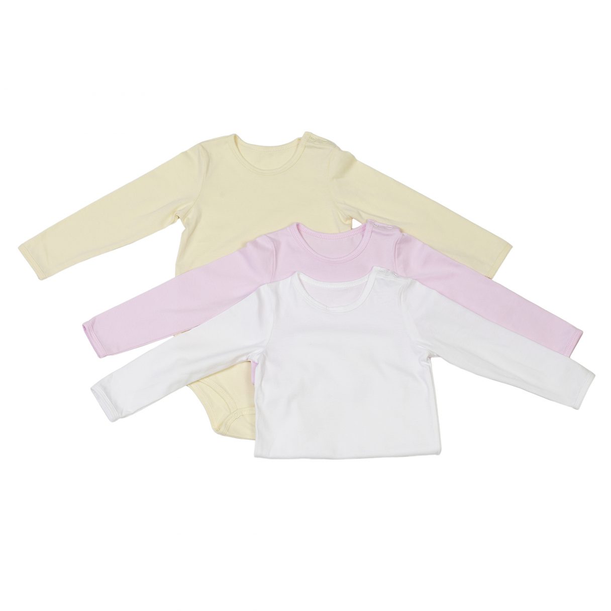 Set of 3 organic cotton baby bodysuits yellow pink white