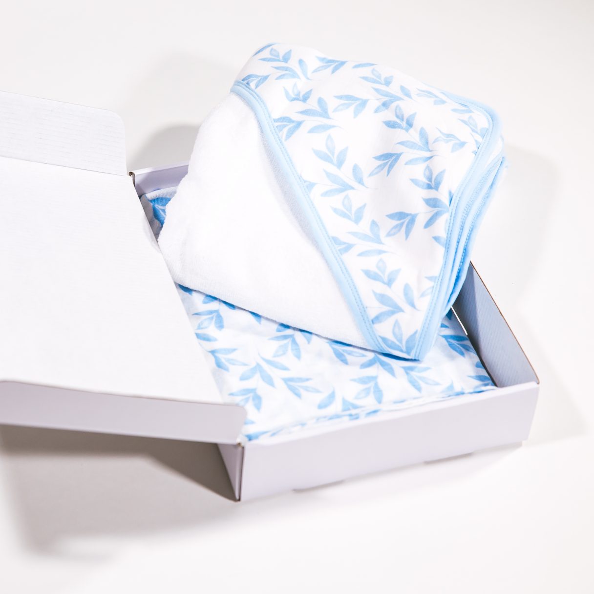 Set of Baby Hooded Towel and Swaddle Blue Leafs