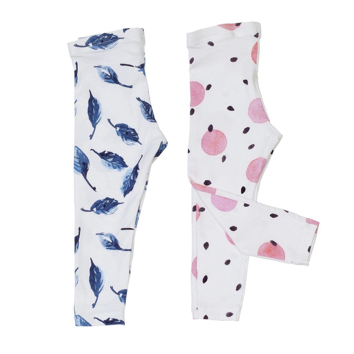 Set of 2 baby leggings organic cotton blue leaves and pink dots