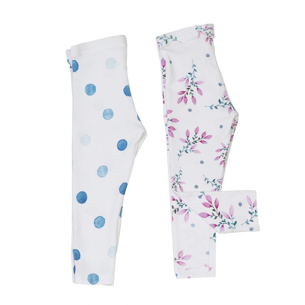 Set of 2 baby leggings organic cotton blue dots and pink flowers